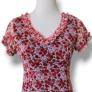 Y2K Mesh Empire Waist Dress Coquette Rose Floral Ruffle Trim Lolita Red Black M